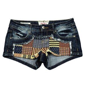 Hot Kiss Denim Cici Short Shorts Womens Size 3 Blue Flag Patchwork Low Rise